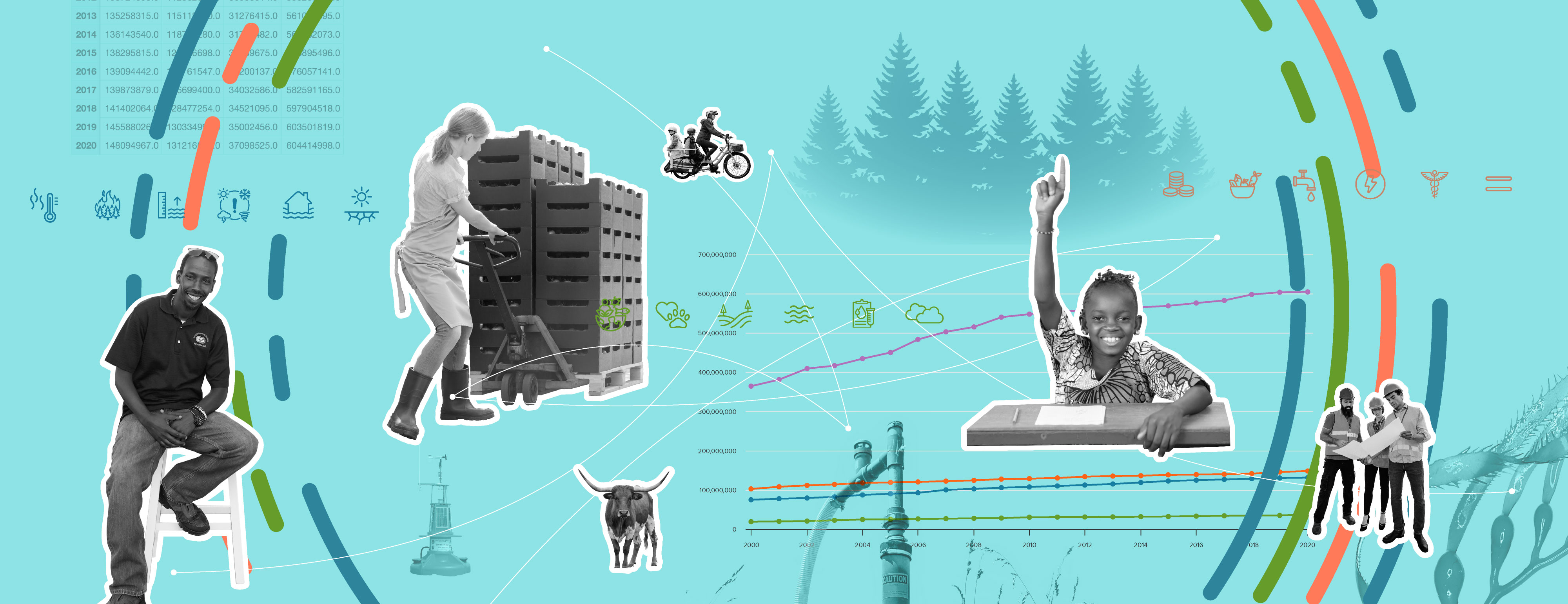 Collage illustration with photos and scientific data charts and icons