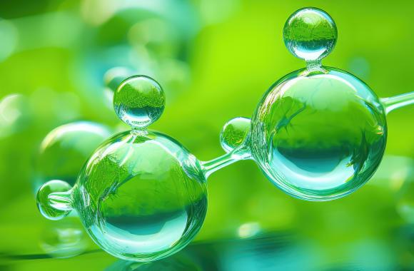 A graphic of a clear bubble in the form of a molecule with a green background