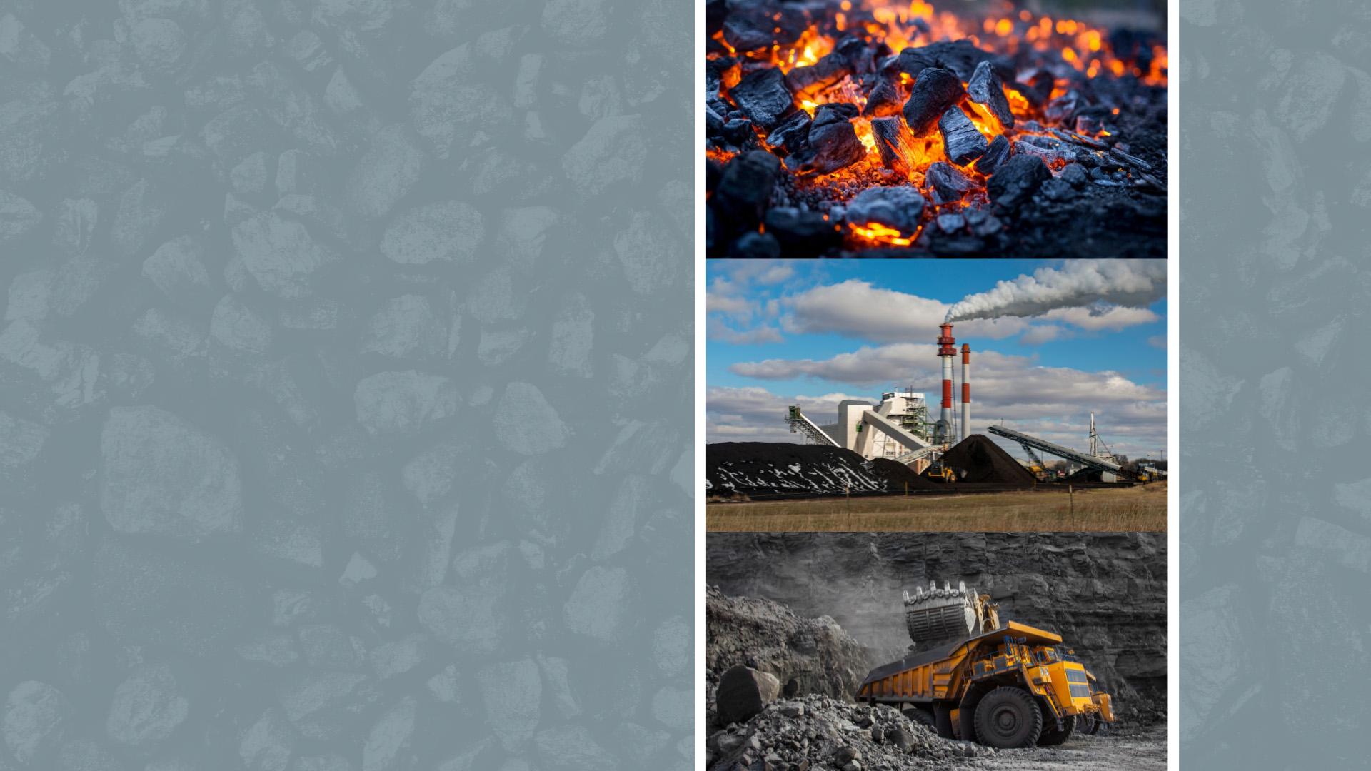 A graphic showing coal at various stages, including burning, being mined, and being refined